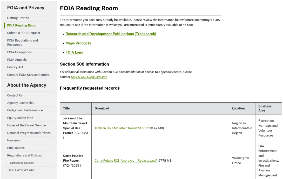 US Forest Service FOIA Reading Room screenshot